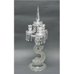 An unusual French Baccarat crystal candelabrum. The siren form frosted glass base supporting thre…