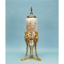 A large antique French gilt bronze mounted Sevres porcelain covered vase. Amphora form body paint…