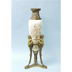 An antique French gilt bronze mounted Sevres porcelain vase with elongated champleve decorated ne…
