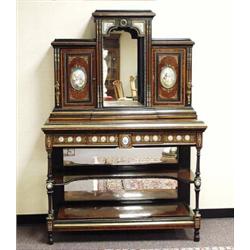 An unusual Victorian burled walnut inlaid gilt bronze and porcelain mounted secretary-cabinet. Th…