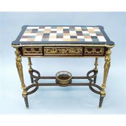 An important antique French lady's desk with marble top. The shaped top inlaid in a checker board…