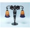 Image 1 : ART NOUVEAU - A good wrought iron leaf decorated table lamp with 2 art glass tulip shades. Signed…