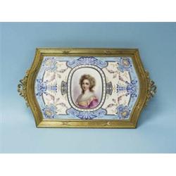 SEVRES, France - A rare 19th century bronze mounted porcelain tray with hand painted romantic mot…