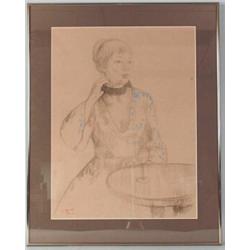 FRANCOIS GALL (1912-1987) French school. "Young Lady Sitting at the Table". Charcoal drawing. Sig…