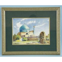 Mosque within walled city. Watercolour on white paper. Signed Sumbet and dated 1951, lower left. …