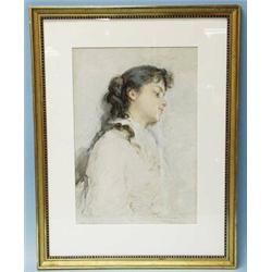 After CHARLES CHAPLIN (1825-1891) French school. "Portrait of a Young Lady". Drawing highlighted …