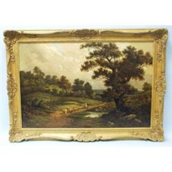HARRY HENRY BALDWIN - 19th century French school. "Highland Landscape with Sheep and Shepherd." O…