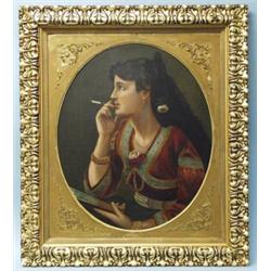 Portrait of a young peasant girl. A 19th century continental oil on canvas. In gilt frame. 21 1/2…