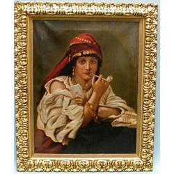 A 19th century continental oil on canvas depicting a Spanish gypsy fortune teller with a pipe. 32…