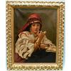 Image 1 : A 19th century continental oil on canvas depicting a Spanish gypsy fortune teller with a pipe. 32…