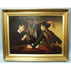 After Caravaggio (1562-1609) Italian school. "Interior with Cardplayers." A superbly detailed 19t…