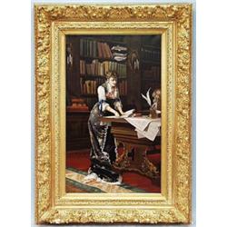 EMIL THEODOR RICHTER (1801-1878) German school. "Young Lady in a Library". Oil on canvas. Signed …