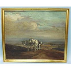 19th century Hungarian school. "Landscape with Plowing Horses." Oil on wood panel. Signed and dat…