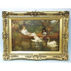 Attributed to F. Morgan (1856-1927) English school. "By the riverside". Oil on canvas. Signed low…
