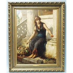 DIANA COOMANS (1861-1952) Belgian school. "Young Oriental Fruit Seller on Marble Steps". Oil on c…