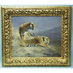 LILIAN CHEVIOT - early 20th century English school. "Resting Tigers." Oil on canvas. Signed lower…