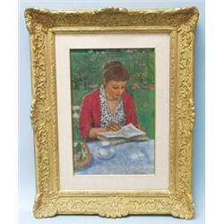 FRANCOIS GALL (1912-1987) French school. "Young Lady Reading in a Park." Oil on canvas. Signed lo…