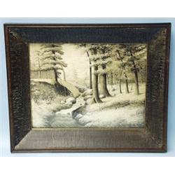 A framed antique Japanese embroidery depicting a forest scene with a creek. 14" x 18".…