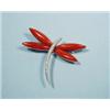 Image 1 : A 1960's style 18 kt. white gold and natural coral dragonfly brooch. Body set with full cut circu…