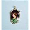 Image 1 : ART NOUVEAU - An 18 kt. gold Limoges symbolist pendant depicting a young woman wearing green agai…