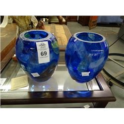 2 Artist Signed Art Glass Vases - Blue - 2 Times the Money