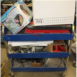 3-TIERED BLUE ROLLING SHOP CART W/ CONTENTS