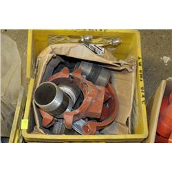 MILK CRATE W/ ASSORTED PIPE COMPONENTS