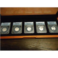 ALL 5-2011-S SILVER 50 STATE QUARTERS ANACS PR70 DCAM'S, 1ST DAY ISSUE, IN NICE WOODEN CASE AS SHOWN