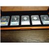 Image 2 : ALL 5-2011-S SILVER 50 STATE QUARTERS ANACS PR70 DCAM'S, 1ST DAY ISSUE, IN NICE WOODEN CASE AS SHOWN