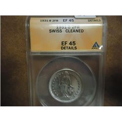1931-B SWISS SILVER 2 FRANC ANACS EF45 DETAILS