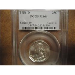 1951-D WASHINGTON SILVER QUARTER PCGS MS64
