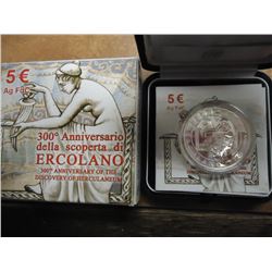 2009 ITALY SILVER 5 EUROS UNC 300TH ANNIVERSARY OF THE DISCOVERY OF HERCULANEUN, ORIGINAL MINT PACKA