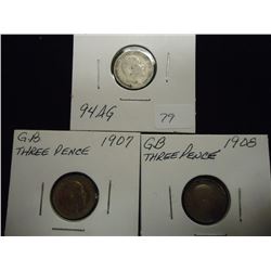1906,07 & 1908 GREAT BRITAIN SILVER 3 PENCE