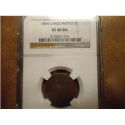 1864 LARGE MOTTO US TWO CENT PIECE NGC XF40 BN