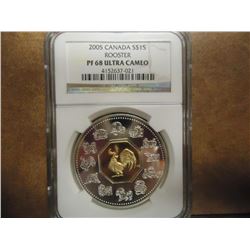 2005 CANADA SILVER $15 NGC PF68 ULTRA CAMEO 24KT GOLD INLAY "ROOSTER"