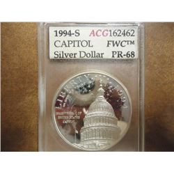 1994-S US CAPITOL SILVER DOLLAR ACG PR68