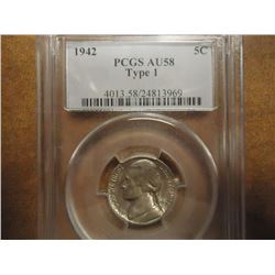 1942 TYPE 1 JEFFERSON NICKEL PCGS AU58