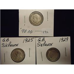 1914,1925 & 1929 GREAT BRITAIN SILVER 6 PENCE