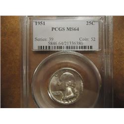 1951 WASHINGTON SILVER QUARTER PCGS MS64