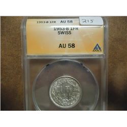 1953-B SWISS SILVER FRANC ANACS AU58