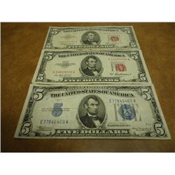 LOT OF 3-US $5 BILLS SEE DESCRIPTION 1934-A BLUE SEAL SILVER CERTIFICATE, 1953-A RED SEAL US NOTE AN