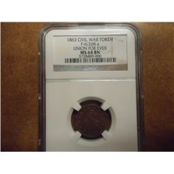 1863 CIVIL WAR TOKEN F-6/268A UNION FOREVER NGC MS 64BN