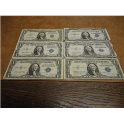 6 ASSORTED 1935 $1 SILVER CERTIFICATES