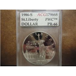 1986-S STATUE OF LIBERTY SILVER DOLLAR ACG PR66