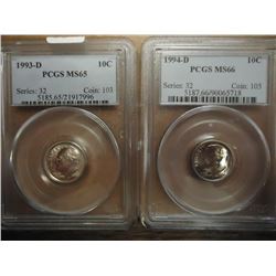 2 PCGS SLAB DIMES SEE DESCRIPTION 1993-D MS65 AND 1994-D MS66