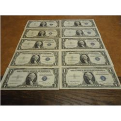 10 ASSORTED1935 $1 SILVER CERTIFICATES 1-D, 6-E AND 3-F SERIES
