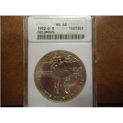 1992-D COLUMBUS SILVER DOLLAR ANACS MS68