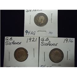 1918,1921 & 1936 GREAT BRITAIN SILVER 6 PENCE