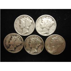 5 ASSORTED MERCURY DIMES