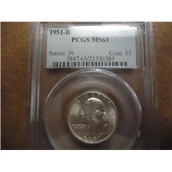 1951-D WASHINGTON SILVER QUARTER PCGS MS63